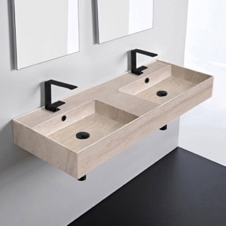 Bathroom Sink Beige Travertine Design Ceramic Wall Mounted or Vessel Double Sink With Counter Space Scarabeo 5143-E